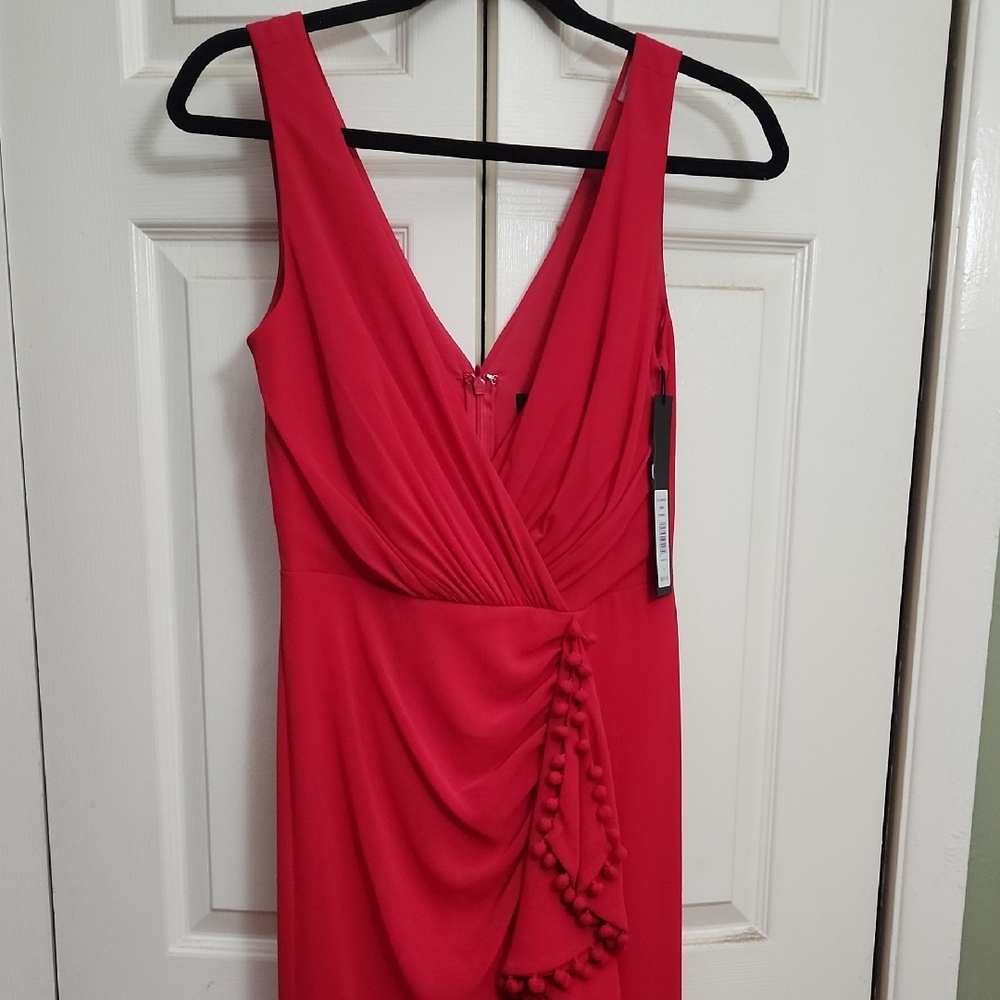 Elegant Strawbery Sleeveless Dress. Chifon Cascading Ruffle With tiny Pompoms